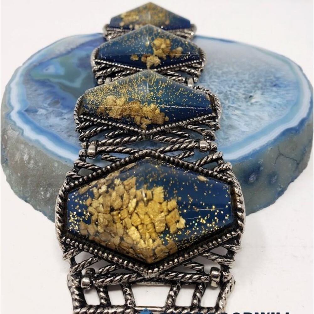 Vintage Lucite Teal & Gold Confetti Resin w/ Gold Flakes on Wide Silver Bracelet